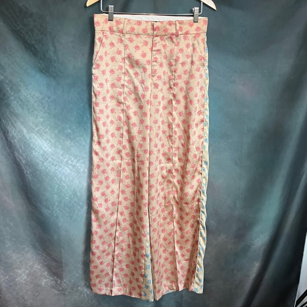 Zara Womens Floral Print Wide Leg Satin Trousers Pink Blue High Waisted Size Med